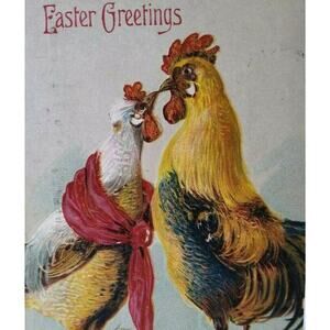 Easter Postcard Fantasy Dressed Kissing Roosters Anthropomorphic Vintage 1909